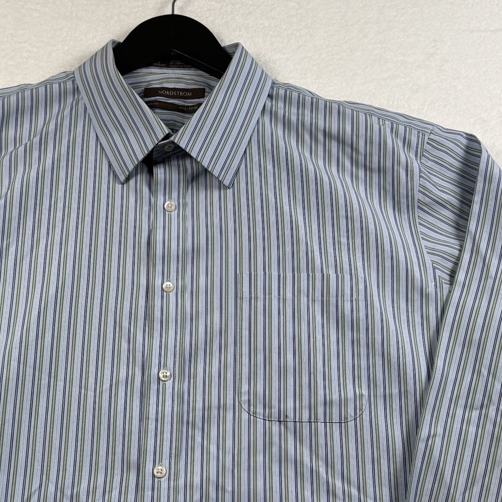 Nordstrom Shirt Men's 17.5 34-35 Blue Striped‎  Cotton Wrinkle Free Trim Fit